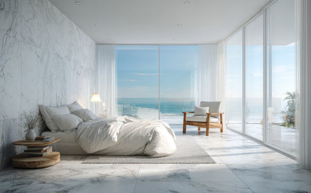 This image showcases a modern bedroom with a clear view of the ocean. The room features a white color palette, a comfortable bed, and an armchair. Natural light floods the space, enhancing the bright, airy atmosphere. This scene is suitable for various uses, including interior design and lifestyle themes.の素材