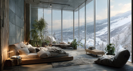 A contemporary bedroom showcases a large panoramic window framing a snow-covered mountain landscape. The room features a wooden bed frame, soft bedding, and comfortable seating. The interior combines natural materials with modern design, creating a relaxing atmosphere. This image is suitable for architectural, lifestyle, and design-related commercial uses.の素材