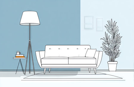 An illustration depicts a minimalist interior scene featuring a sofa, floor lamp, and a potted plant. The composition utilizes simple line work and a limited color palette. The setting appears to be indoors, emphasizing clean lines and a modern aesthetic, suitable for use in design projects and conceptual marketing material.の素材