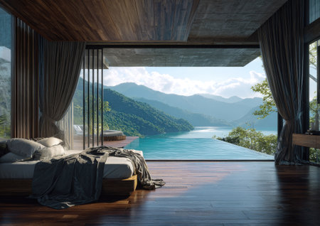 A luxury bedroom features a panoramic view of a lake and mountains. The scene showcases modern architectural design with wooden floors and ceiling. The image suggests a serene atmosphere with natural light. Suitable for commercial and editorial purposes.の素材