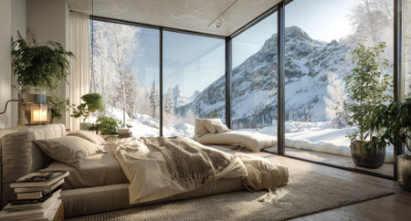 A contemporary bedroom features large windows offering panoramic views of a snow-covered mountain landscape. The room is bathed in natural daylight, with soft textures and neutral tones. This inviting space may be ideal for interior design, travel, or lifestyle publications and commercial projects.の素材