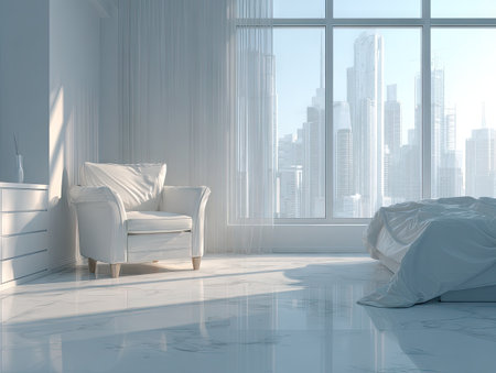 An inviting interior scene features a white armchair and a partially visible bed bathed in soft, natural light. The room showcases a minimalist design with clean lines and reflective flooring. Through the window, a distant cityscape adds a sense of urban context. This image is suitable for various commercial applications, including design and lifestyle content.の素材