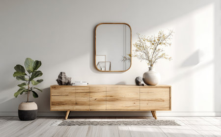 A well-lit interior scene presents a wooden console table adorned with a mirror and decorative items. The composition features a potted plant and a vase with branches. The color palette includes natural wood tones, white walls, and a light-colored floor, suggesting a bright and airy environment suitable for various commercial applications.の素材
