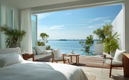 An inviting bedroom features a bright, airy interior with an open view of the ocean. White walls and bedding contrast with natural wood elements and green plants. Sunlight streams into the room creating a sense of tranquility. Ideal for illustrating themes of relaxation and luxury in editorial or commercial projects.の素材