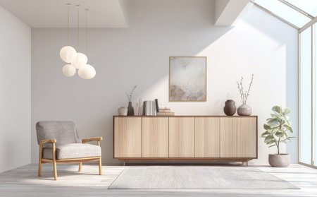 This image showcases a modern interior design featuring a wooden cabinet, armchair, and decorative elements. The room is bathed in natural light filtering through a large window. Neutral color tones and a minimalist style create a sense of calm. This image could be used for various commercial or editorial purposes.の素材