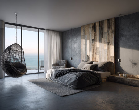 A contemporary bedroom showcases a bed, armchair, and hanging chair, alongside a large window revealing an ocean view. The scene is bathed in natural light, highlighting the textures of wood and concrete. It is a stylish interior possibly suitable for architectural visualization, design portfolios, or lifestyle content.の素材