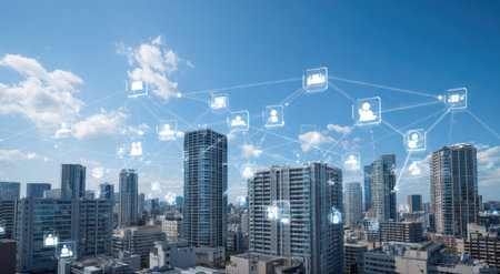 An urban scene depicts a contemporary city, populated by tall buildings under a bright blue sky. Illuminated digital icons, interconnected via lines, overlay the cityscape. The image employs soft lighting and a modern aesthetic, representing the convergence of technology and urban environments. Suitable for illustrating concepts in technology, business, and communication.の素材