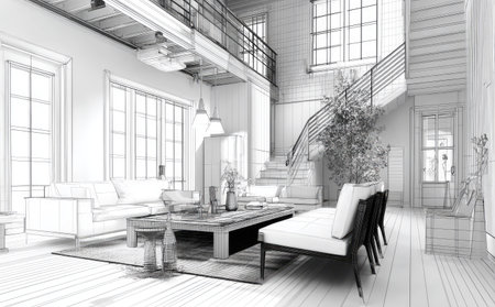 This interior sketch depicts a spacious room with minimalist furniture. The monochromatic color scheme highlights the architectural features, including large windows, a staircase, and a loft area. The lighting appears soft, creating a sense of calm. Suitable for illustrating architectural concepts, design presentations, or adding visual elements to commercial projects.の素材