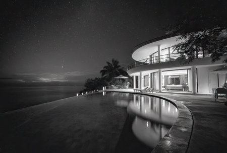 A grayscale image showcases a modern house with a curved design, featuring a large infinity pool reflecting the night sky. The architecture highlights clean lines, open spaces, and extensive windows. The scene is illuminated by soft lighting, suggesting an evening or night setting. Suitable for architectural, travel, and lifestyle content.の素材