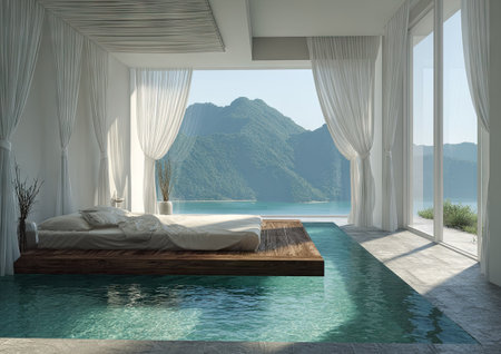 A contemporary bedroom features a water-filled area leading to a scenic mountain vista. Soft, white curtains frame the expansive window, with natural lighting illuminating the space. This tranquil scene could be used for promoting interior design, travel, or wellness related content.の素材