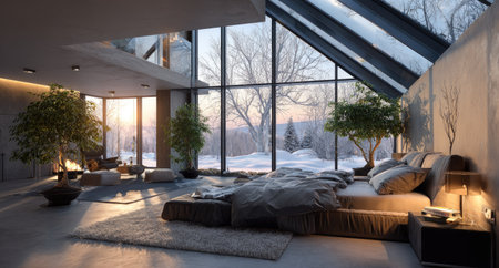 A contemporary bedroom features a large window offering panoramic views of a snowy landscape. The scene showcases modern design elements including soft textures, neutral tones, and ambient lighting. This image could be used for architectural concepts, interior design, or lifestyle content and commercial applications.の素材