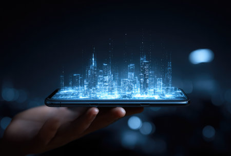 A hand holds a smartphone displaying a digital cityscape with glowing lines, illustrating technology's impact. The futuristic scene shows luminous towers, possibly representing data flow. Dark background provides a contrasting effect, and the overall composition lends itself to various commercial and conceptual applications.の素材