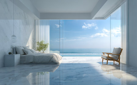 This image showcases a modern bedroom with a clear view of the ocean. The room features a minimalist design with white and blue color schemes. Sunlight streams in through large windows, illuminating the space and reflecting on the polished flooring. The scene is suitable for uses related to architecture or luxury lifestyle.の素材