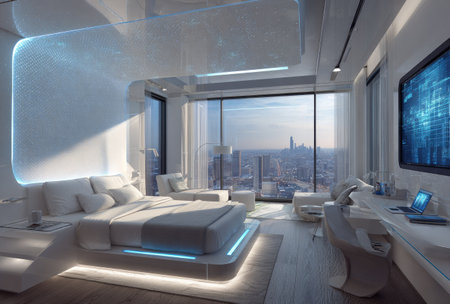 This image showcases a modern bedroom with a futuristic design. The room features a large bed, minimalist furniture, and a panoramic view through expansive windows. Predominantly white with soft blue lighting, the scene suggests an indoor environment, potentially for use in architectural or interior design projects. The aesthetic presents possibilities for digital art and lifestyle content.の素材