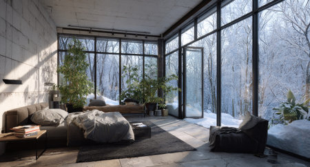 This image presents a modern bedroom interior featuring large windows that provide a view of a snowy forest. The space is characterized by neutral tones, natural light, and a minimalist design. Suitable for architectural, interior design, or lifestyle concepts, it could be used in various commercial projects.の素材