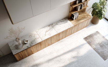 This image showcases a modern interior featuring a marble countertop integrated with wooden elements. The composition highlights neutral tones, with soft natural lighting and a top-down perspective. Suitable for various applications, it's ideal for visual content related to home decor and lifestyle themes, suitable for commercial projects.の素材