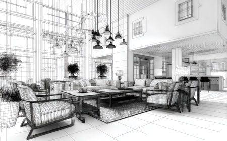 This image showcases a modern architectural rendering of a living space. The monochromatic palette highlights the structure, featuring furniture, lighting, and decorative plants. The overhead lighting illuminates the room. This conceptual blueprint could be useful for interior design, architecture, or illustrative purposes.の素材