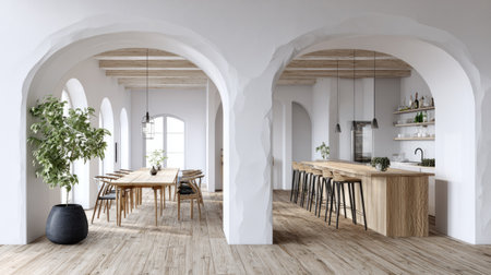 This image showcases a modern interior featuring arched architecture, a dining area with a wooden table and chairs, and a kitchen space. The scene is dominated by white walls, wooden floors, and natural light. It's suitable for various commercial uses, including interior design, architectural concepts, or lifestyle related projects.の素材