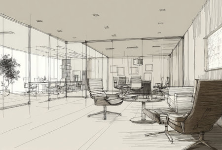 This interior sketch depicts a contemporary office space, featuring seating areas and a conference table. The drawing employs a minimalist style with lines defining architectural elements. The composition suggests an open environment bathed in soft, diffused lighting. Suitable for illustrations related to design, architecture, or commercial projects.の素材