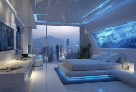 A spacious bedroom interior features a modern design, with a focus on futuristic aesthetics. Predominantly cool tones of blue and white define the space, enhanced by neon lighting. The composition showcases a bed, a desk, and a large window overlooking a cityscape, suitable for various design and conceptual applications.の素材