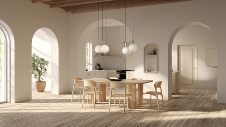 This image presents a modern dining room featuring arched doorways and natural wood elements. The composition showcases a round dining table with chairs, under soft overhead lighting. The color palette includes beige and cream tones, creating a warm, inviting atmosphere. Suitable for use in design, architectural, or lifestyle projects.の素材