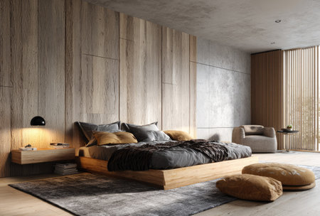A contemporary bedroom showcases a bed with pillows and blankets against a wooden wall paneling. The neutral color palette includes browns and grays, with soft textures and balanced lighting. The setting seems indoors, potentially for home decor or architectural purposes. The image suits various commercial or editorial uses.の素材