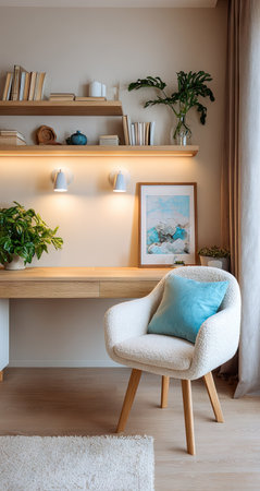 A well-lit interior showcases a home office with a wooden desk, a comfortable chair, and decorative shelves. The scene incorporates various plants and a framed artwork, set against a soft, neutral color palette. This image is suitable for illustrating concepts of home design, productivity, or lifestyle.の素材