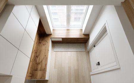 An overhead perspective captures a modern interior. The scene features white walls, wooden accents, and a skylight providing natural illumination. The composition showcases clean lines and a minimalist aesthetic. This image would be suitable for architectural, design, or lifestyle publications.の素材