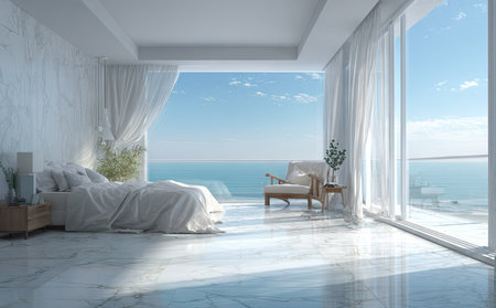 A bright bedroom showcases a modern interior with expansive windows framing a serene ocean vista. The scene features white linens, light-colored furniture, and natural lighting, creating an atmosphere of tranquility. This image could be suitable for interior design publications or travel-related promotional materials.の素材