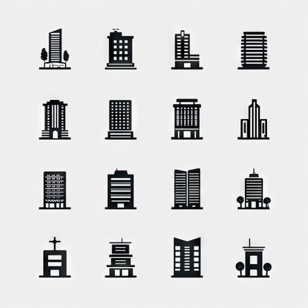 This image presents a set of minimalist building icons in solid black, arranged on a white background. The collection features various architectural styles, including high-rise structures. The composition uses flat design, suggesting a potential for use in a variety of digital and print applications, and commercial contexts.の素材