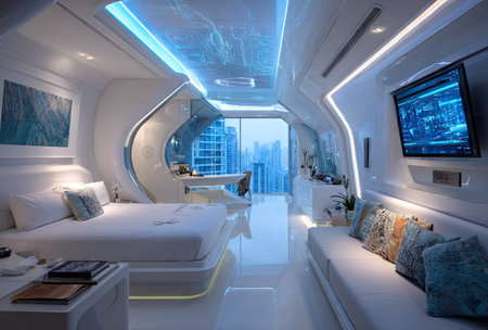 This interior showcases a futuristic bedroom design featuring white walls and furniture, accentuated by blue LED lighting. The room includes a bed, a seating area, and a large window offering a cityscape view. The overall style is modern and minimalist, with a focus on clean lines. This image would be suitable for use in architectural, design, or lifestyle publications.の素材