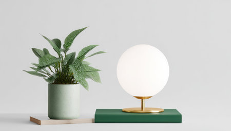 A minimalist composition features a spherical lamp, a potted plant, and a green surface against a plain backdrop. The lighting appears soft, emphasizing the textures and forms of the objects. Suitable for various design and lifestyle-related projects, the image can be used for editorial and commercial purposes.の素材