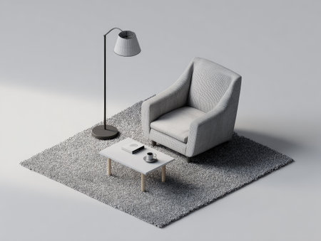 An inviting interior showcases a comfortable armchair, a floor lamp, and a small coffee table on a neutral-toned rug. The scene, bathed in soft light, includes a book and a coffee cup, suggesting a relaxed setting. Suitable for illustrating home decor, lifestyle, or design concepts, this image offers copy space for various editorial or commercial applications.の素材