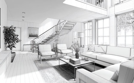 This black and white sketch depicts a spacious interior with multiple seating areas, a staircase, and large windows. The style emphasizes clean lines and minimalist furniture. Natural light floods the space, enhancing the architectural details. This image is suitable for illustrating architectural concepts, design, and illustrating home interior design.の素材