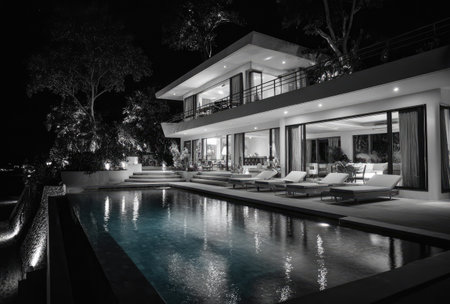 A grayscale photograph showcases a contemporary home with a swimming pool at night. The image emphasizes the architectural design with clean lines and large windows. The scene is illuminated by exterior lighting reflecting in the pool water, creating a tranquil atmosphere. Suitable for use in architecture, real estate, and lifestyle content.の素材