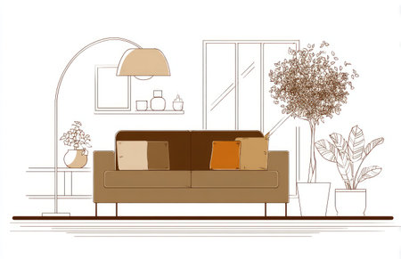 This illustration showcases a minimalist interior design featuring a sofa, arched lamp, and various potted plants. The color palette includes brown, beige, and white, with simple lines defining the elements. It suggests a daytime setting, suitable for interior design projects or commercial applications related to home decor.の素材