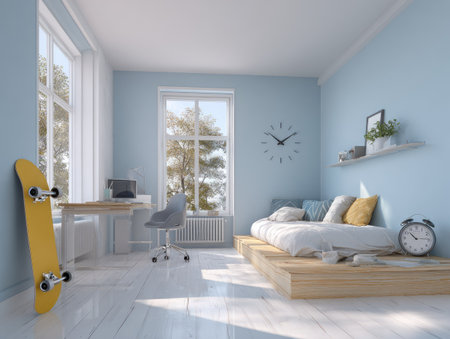 An interior space features light blue walls, a bed, a desk, and large windows. A yellow skateboard leans against the wall, complementing the room's design. The scene includes a clock, a chair, and a shelf with decorations. Suitable for illustrating home decor, lifestyle, or design concepts.の素材
