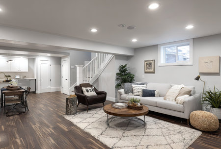 This image presents a modern living space featuring a sofa, armchair, and coffee table. The interior showcases neutral tones and hardwood floors. Natural light streams in from a window, enhancing the room's spaciousness. This versatile image is suitable for various commercial applications, including home decor and architectural design.の素材