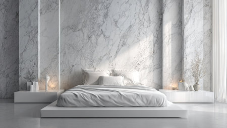 A contemporary bedroom showcases a bed with soft bedding set against a textured marble wall. The scene is illuminated by natural light, creating a bright and airy atmosphere. The design emphasizes clean lines and neutral tones. Suitable for interior design and lifestyle themes, this image could be used in various commercial applications.の素材