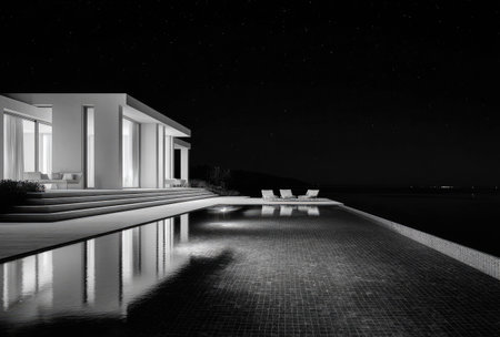A nighttime shot showcases a modern home with a minimalist design, featuring a rectangular pool reflecting the architecture. The image presents a monochromatic palette with crisp lines, suggesting a luxury lifestyle. Suitable for architectural, travel, or lifestyle editorials and commercial applications emphasizing space and design.の素材