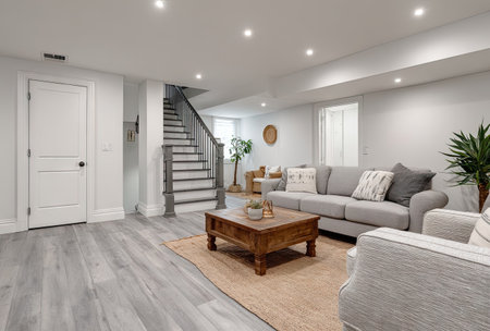 This interior showcases a spacious living area featuring a gray sofa, wooden coffee table, and a staircase. The room is illuminated by overhead lighting, casting soft shadows on the wood floors and neutral-toned walls. This image could be suitable for illustrating real estate, interior design, or lifestyle content.の素材