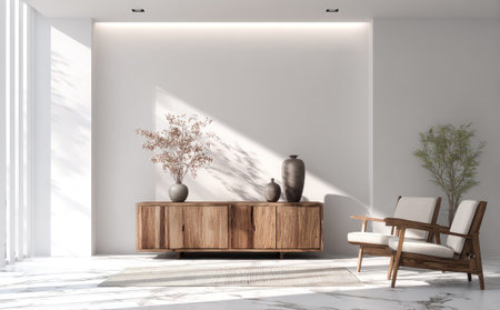 An interior shot showcases a wooden sideboard adorned with decorative vases and a plant arrangement. Two chairs sit adjacent. The scene is illuminated by natural sunlight streaming through a window creating strong light and shadow. Suitable for commercial projects or editorial use focusing on home decor.の素材