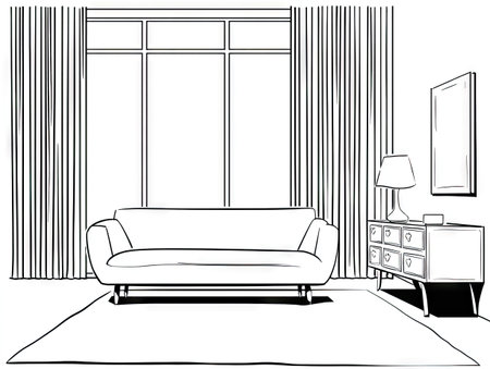 This monochrome illustration depicts a contemporary interior scene. A large window provides natural light, illuminating a sofa, rug, and side cabinet with a lamp. The composition employs clean lines, suitable for architectural, design, or lifestyle publications. It is ideal for visual content creation.の素材