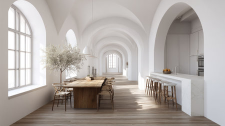 An open concept interior displays a long wooden table, chairs, and bar stools. The space utilizes a minimalist design with arched windows and a white color palette. Natural light fills the area, highlighting the wooden floors and the subtle details of the decor. This image can be used for commercial and editorial purposes.の素材