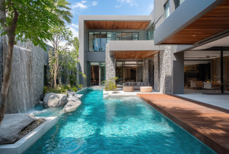 This image showcases a contemporary villa featuring a turquoise swimming pool and inviting wooden decks. The scene is enhanced by lush landscaping, natural stone walls, and sunlight. The composition focuses on architectural design and outdoor living, suitable for showcasing real estate and lifestyle concepts.の素材