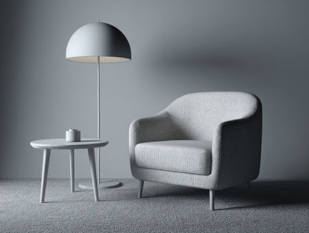 A minimalist interior scene showcases a comfortable armchair, a floor lamp, and a small table. The monochrome palette, with subtle shades, highlights the furniture's forms. The setting suggests an indoor space, possibly a living room, with potential uses in advertising or design projects.の素材