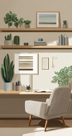 This image depicts a modern interior featuring a desk, chair, and plants. The composition showcases a minimalist style with neutral colors and soft lighting. The scene suggests a workspace or home office setting, suitable for various commercial uses, including website design or editorial content. The image has a clean aesthetic and is designed for versatile applications.の素材