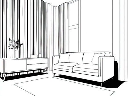 This black and white illustration depicts a modern living room interior. It showcases a sofa, cabinet, and decorative elements. The style is a line drawing, emphasizing form and composition. It could be suitable for architectural visualization, design proposals, or creative projects. This artwork could be used in various commercial or editorial applications.の素材