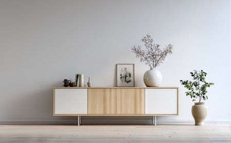 This image showcases a modern interior design featuring a wooden cabinet with minimalist decor. The scene is illuminated by soft light, highlighting the neutral color palette of the furniture and surrounding elements. This photograph might be used for interior design, home decor publications, or as a backdrop in commercial projects.の素材