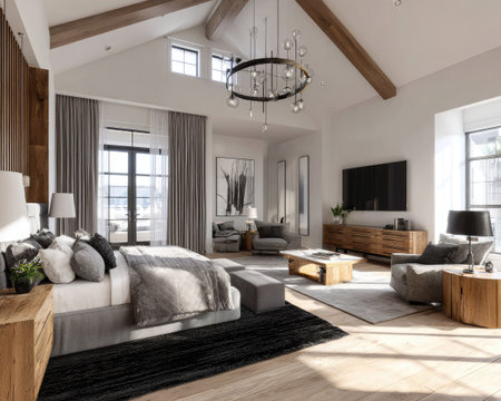 A spacious bedroom features a large bed with neutral tones and a modern chandelier. The room exhibits a minimalist aesthetic with wooden accents and light-colored walls. Natural light floods the space, highlighting the textures and creating a serene atmosphere. Suitable for use in lifestyle or architectural design publications.の素材